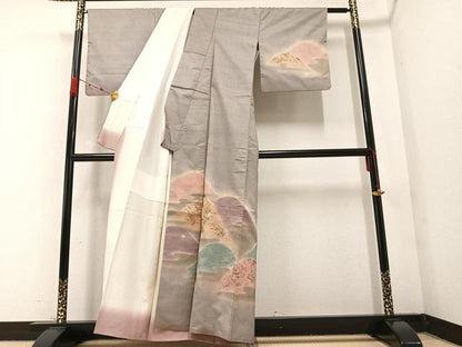 平和屋着物●訪問着　紬地　刺繍　草花文　暈し染め　金彩　正絹　逸品　AABB4338ph