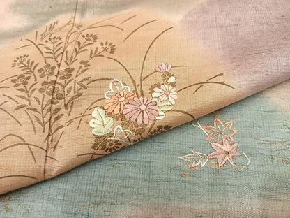 平和屋着物●訪問着　紬地　刺繍　草花文　暈し染め　金彩　正絹　逸品　AABB4338ph