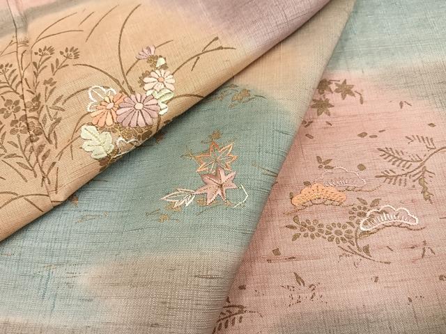 平和屋着物●訪問着　紬地　刺繍　草花文　暈し染め　金彩　正絹　逸品　AABB4338ph