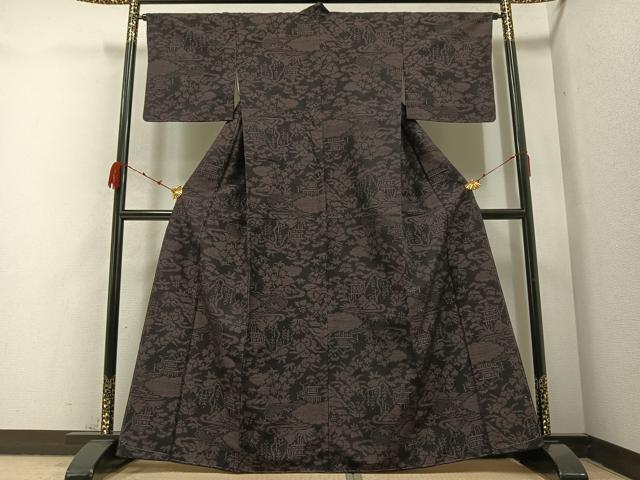 平和屋着物●結城紬　80亀甲　風景草木文　正絹　逸品　未使用　AABB4395ph