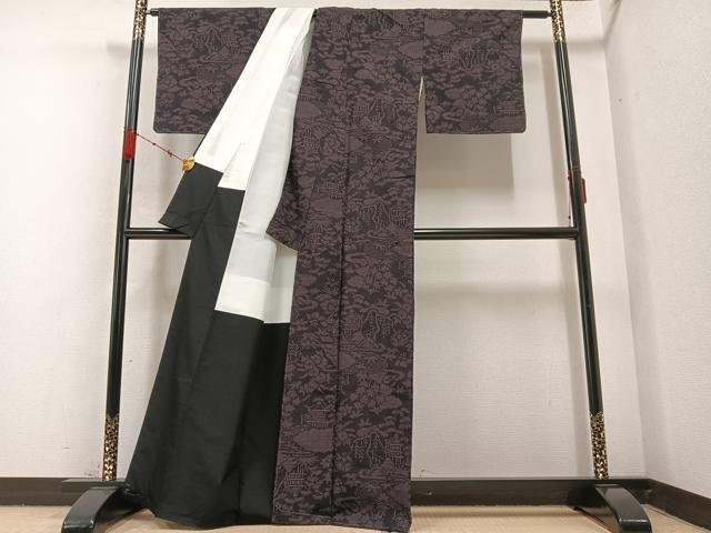 平和屋着物●結城紬　80亀甲　風景草木文　正絹　逸品　未使用　AABB4395ph