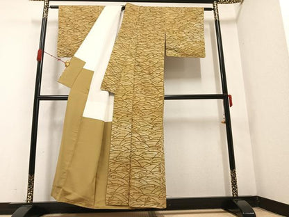 平和屋着物●訪問着　紬地　型染め　立波文　正絹　逸品　未使用　AABB4397ph