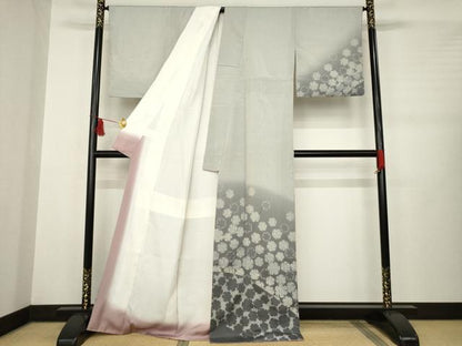 平和屋着物●本塩沢 訪問着 やまだ織 雪輪文 暈し染め 正絹 逸品 AABB4426ck