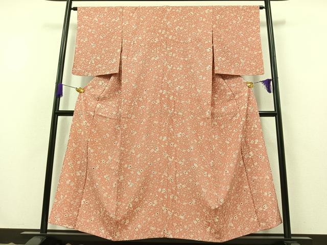 平和屋着物▽上質な小紋　単衣　更紗花文　正絹　逸品　AABB4483jh