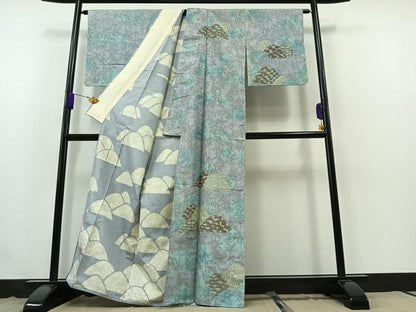 平和屋着物▽訪問着 本場染大島紬 単衣 手描き 風景松竹梅文 正絹 逸品 AABB4487jh