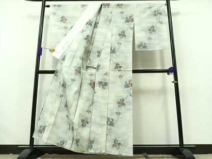 平和屋着物▽上質な紬 単衣 草花文 正絹 逸品 AABB4489jh