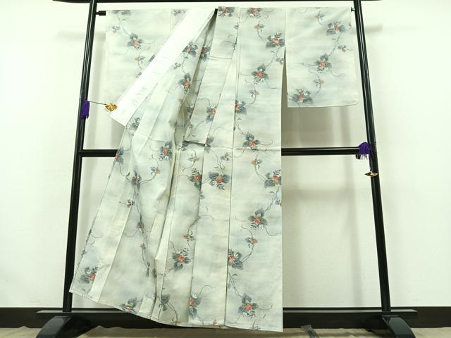 平和屋着物▽上質な紬 単衣 草花文 正絹 逸品 AABB4489jh