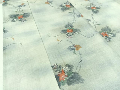 平和屋着物▽上質な紬 単衣 草花文 正絹 逸品 AABB4489jh