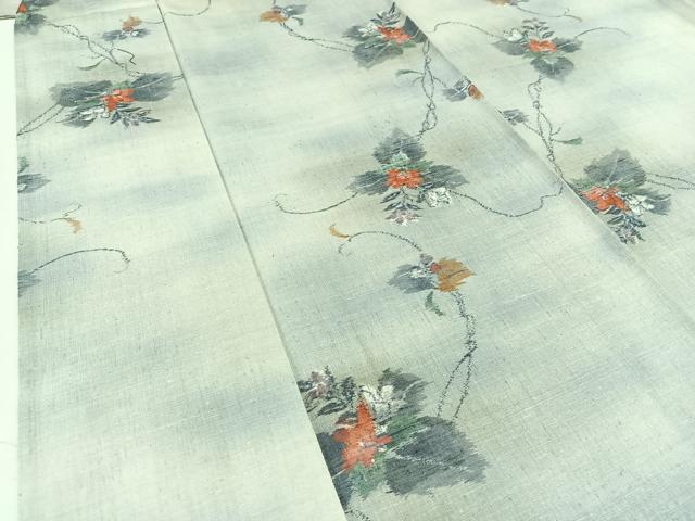 平和屋着物▽上質な紬 単衣 草花文 正絹 逸品 AABB4489jh