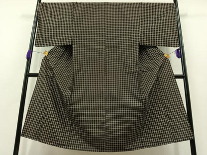 平和屋着物▽男性 紬 単衣 格子 黒地 正絹 逸品 AABB4492jh