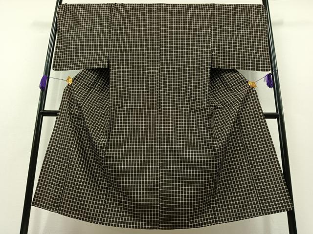 平和屋着物▽男性 紬 単衣 格子 黒地 正絹 逸品 AABB4492jh