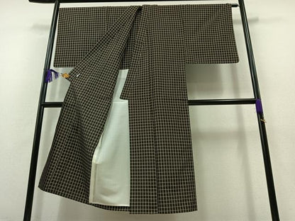 平和屋着物▽男性 紬 単衣 格子 黒地 正絹 逸品 AABB4492jh