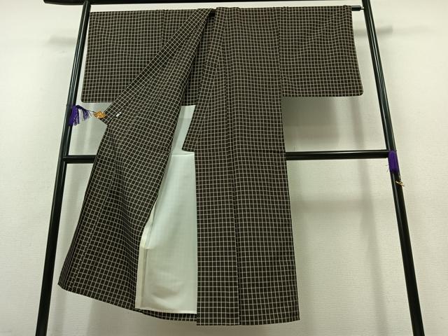 平和屋着物▽男性 紬 単衣 格子 黒地 正絹 逸品 AABB4492jh
