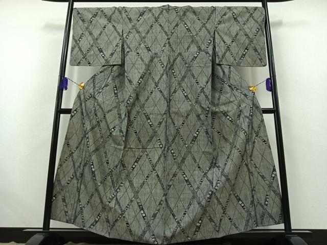 平和屋着物▽上質な紬 単衣 吉祥花文 正絹 逸品 AABB4497jh