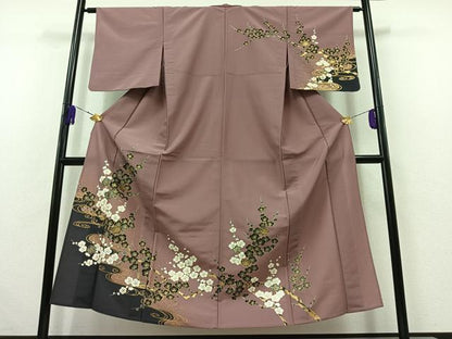 平和屋着物▽訪問着 単衣 流水枝梅文 金彩 洗える着物 AABB4499jh
