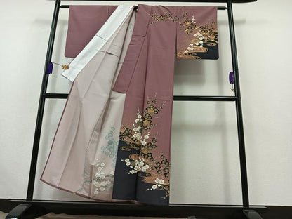 平和屋着物▽訪問着 単衣 流水枝梅文 金彩 洗える着物 AABB4499jh