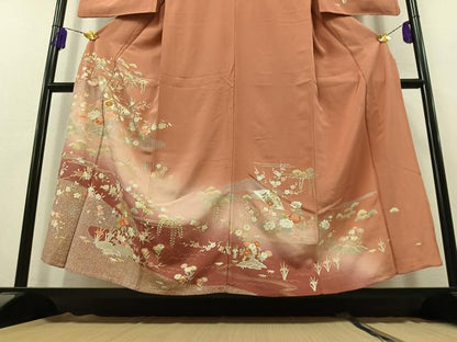 平和屋着物▽訪問着　単衣　駒刺繍　扇面花文　暈し染め　金糸　金彩　正絹　逸品　AABK4619cs