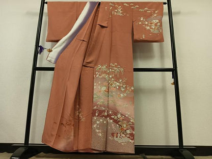 平和屋着物▽訪問着　単衣　駒刺繍　扇面花文　暈し染め　金糸　金彩　正絹　逸品　AABK4619cs