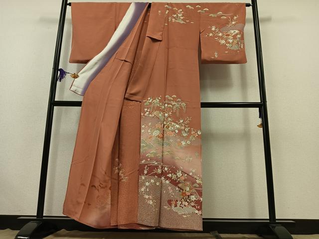 平和屋着物▽訪問着　単衣　駒刺繍　扇面花文　暈し染め　金糸　金彩　正絹　逸品　AABK4619cs