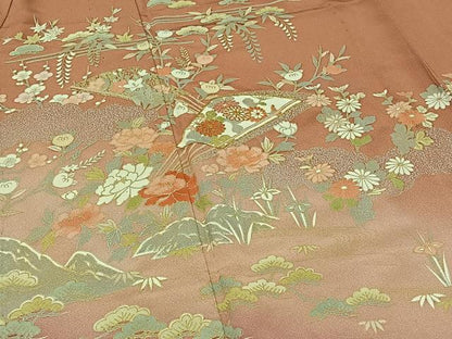 平和屋着物▽訪問着　単衣　駒刺繍　扇面花文　暈し染め　金糸　金彩　正絹　逸品　AABK4619cs