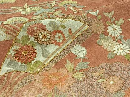 平和屋着物▽訪問着　単衣　駒刺繍　扇面花文　暈し染め　金糸　金彩　正絹　逸品　AABK4619cs