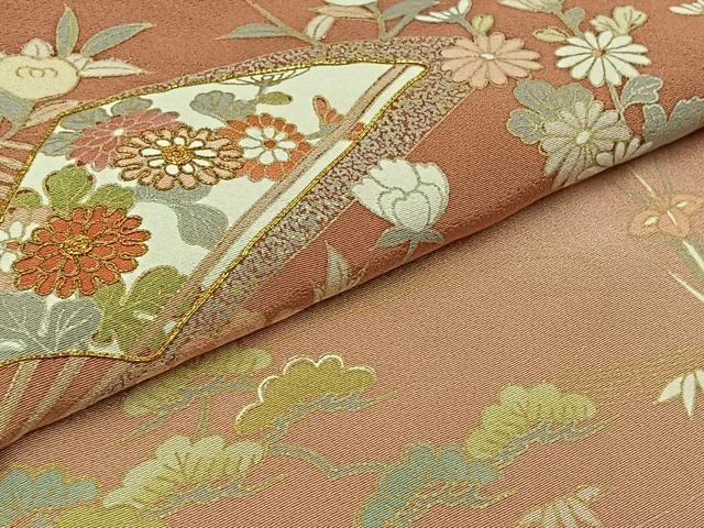 平和屋着物▽訪問着　単衣　駒刺繍　扇面花文　暈し染め　金糸　金彩　正絹　逸品　AABK4619cs
