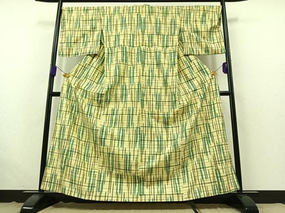 平和屋着物▽上質な紬 単衣 格子 正絹 逸品 AABB4512jh