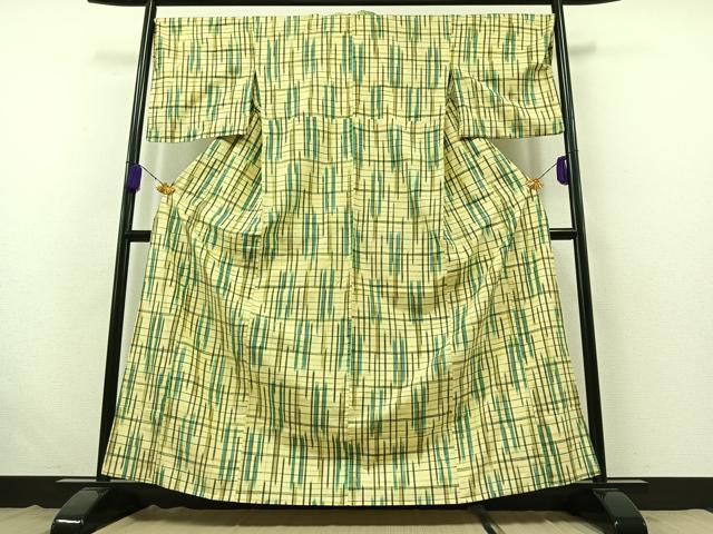 平和屋着物▽上質な紬 単衣 格子 正絹 逸品 AABB4512jh