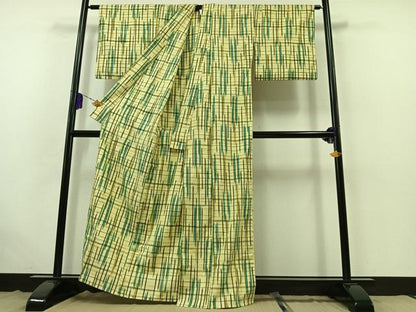 平和屋着物▽上質な紬 単衣 格子 正絹 逸品 AABB4512jh