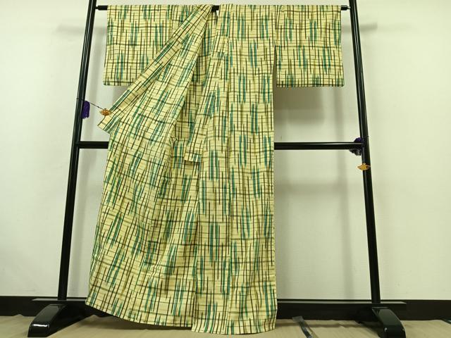 平和屋着物▽上質な紬 単衣 格子 正絹 逸品 AABB4512jh