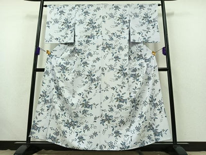 平和屋着物▽上質な小紋　単衣　手描き　更紗花文　鬼しぼ縮緬　正絹　逸品　AABB4517jh