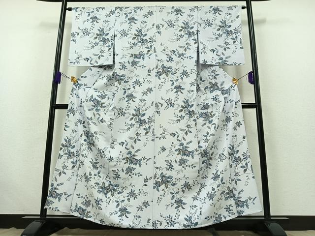 平和屋着物▽上質な小紋　単衣　手描き　更紗花文　鬼しぼ縮緬　正絹　逸品　AABB4517jh