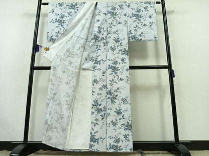 平和屋着物▽上質な小紋　単衣　手描き　更紗花文　鬼しぼ縮緬　正絹　逸品　AABB4517jh
