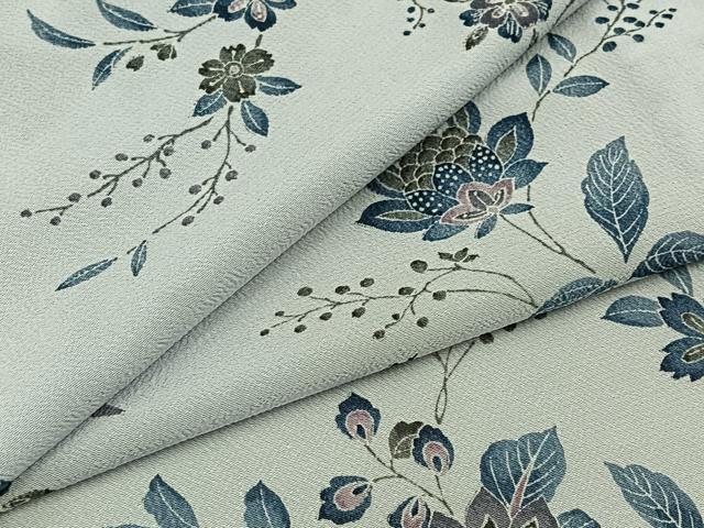 平和屋着物▽上質な小紋　単衣　手描き　更紗花文　鬼しぼ縮緬　正絹　逸品　AABB4517jh