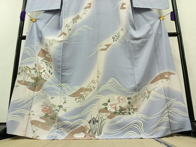 平和屋着物▽訪問着　単衣　刺繍　流水花文　暈し染め　金糸　正絹　逸品　AABB4518jh