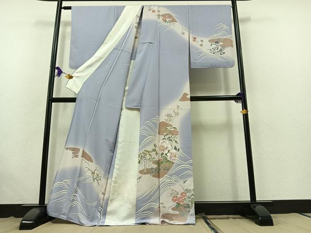 平和屋着物▽訪問着　単衣　刺繍　流水花文　暈し染め　金糸　正絹　逸品　AABB4518jh
