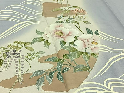 平和屋着物▽訪問着　単衣　刺繍　流水花文　暈し染め　金糸　正絹　逸品　AABB4518jh