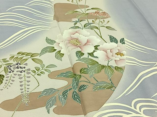 平和屋着物▽訪問着　単衣　刺繍　流水花文　暈し染め　金糸　正絹　逸品　AABB4518jh