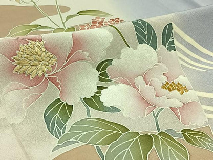 平和屋着物▽訪問着　単衣　刺繍　流水花文　暈し染め　金糸　正絹　逸品　AABB4518jh