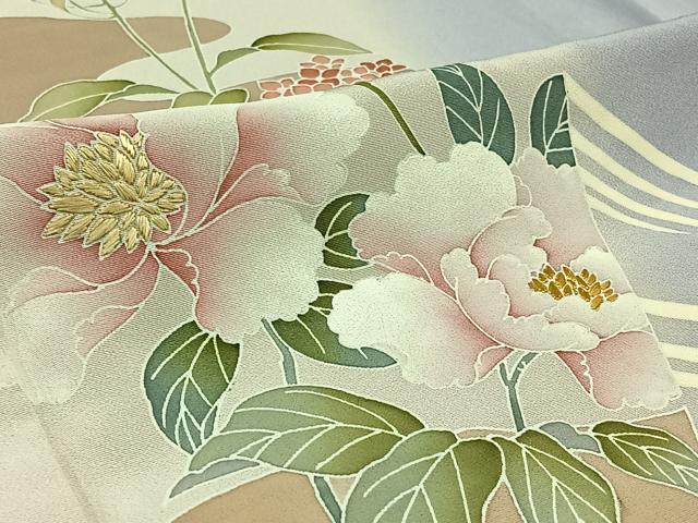 平和屋着物▽訪問着　単衣　刺繍　流水花文　暈し染め　金糸　正絹　逸品　AABB4518jh
