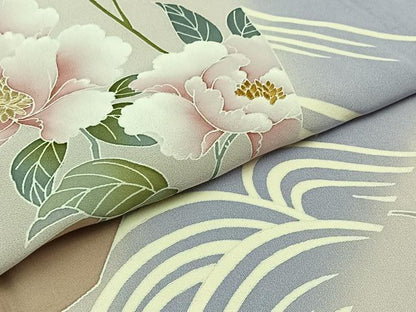 平和屋着物▽訪問着　単衣　刺繍　流水花文　暈し染め　金糸　正絹　逸品　AABB4518jh