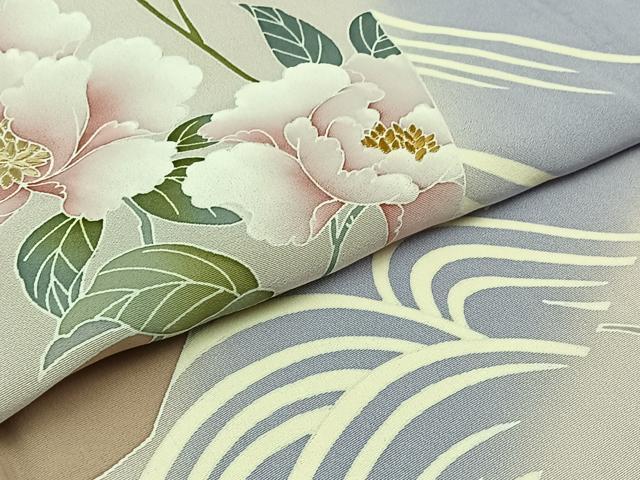 平和屋着物▽訪問着　単衣　刺繍　流水花文　暈し染め　金糸　正絹　逸品　AABB4518jh