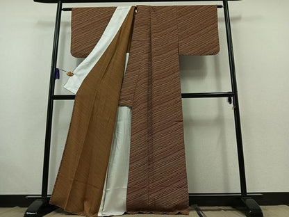 平和屋着物▽上質な小紋 単衣 斜縞 鬼しぼ縮緬 正絹 逸品 AABB4520jh