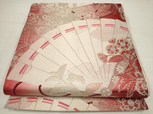 平和屋着物◎六通柄袋帯　扇面花文　銀糸　正絹　逸品　AABB4578wj