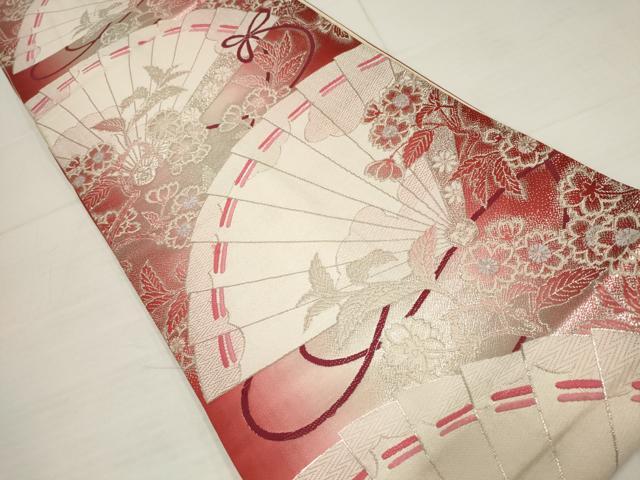 平和屋着物◎六通柄袋帯　扇面花文　銀糸　正絹　逸品　AABB4578wj