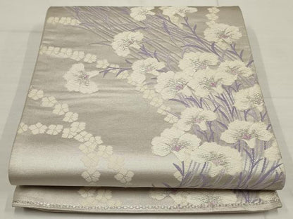 平和屋着物◎六通柄袋帯 唐織 草花文 銀糸 正絹 逸品 AABB4579wj