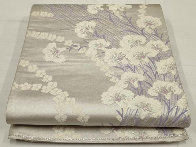 平和屋着物◎六通柄袋帯 唐織 草花文 銀糸 正絹 逸品 AABB4579wj