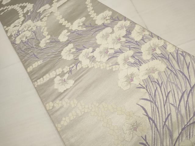 平和屋着物◎六通柄袋帯 唐織 草花文 銀糸 正絹 逸品 AABB4579wj