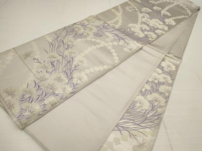平和屋着物◎六通柄袋帯 唐織 草花文 銀糸 正絹 逸品 AABB4579wj