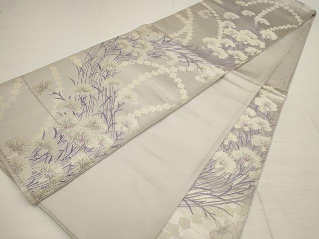 平和屋着物◎六通柄袋帯 唐織 草花文 銀糸 正絹 逸品 AABB4579wj